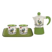 Комплект кафеварка Moka, чаши за кафе и табла, Egan Cocorico, зелени
