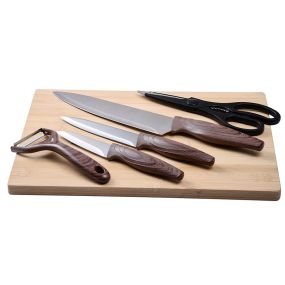 Комплект дъска за рязане, 3 ножа, ножица и белачка Bergner In Wood