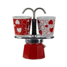 Комплект кафеварка с 2 чаши Set Mini Bialetti червена със сърца